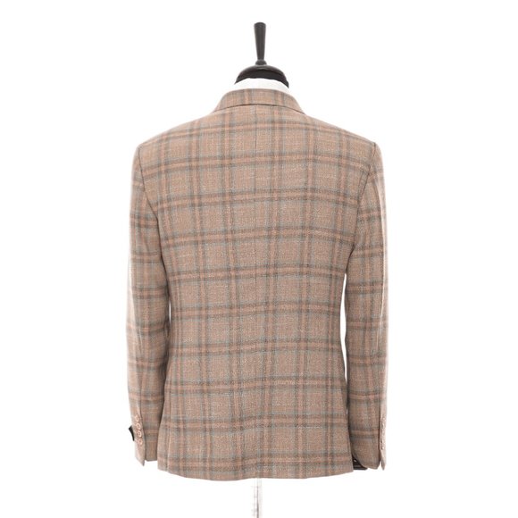 Slim Fit Plaid Jacket, Double Breasted Cream/Brown - Picture 2 of 5